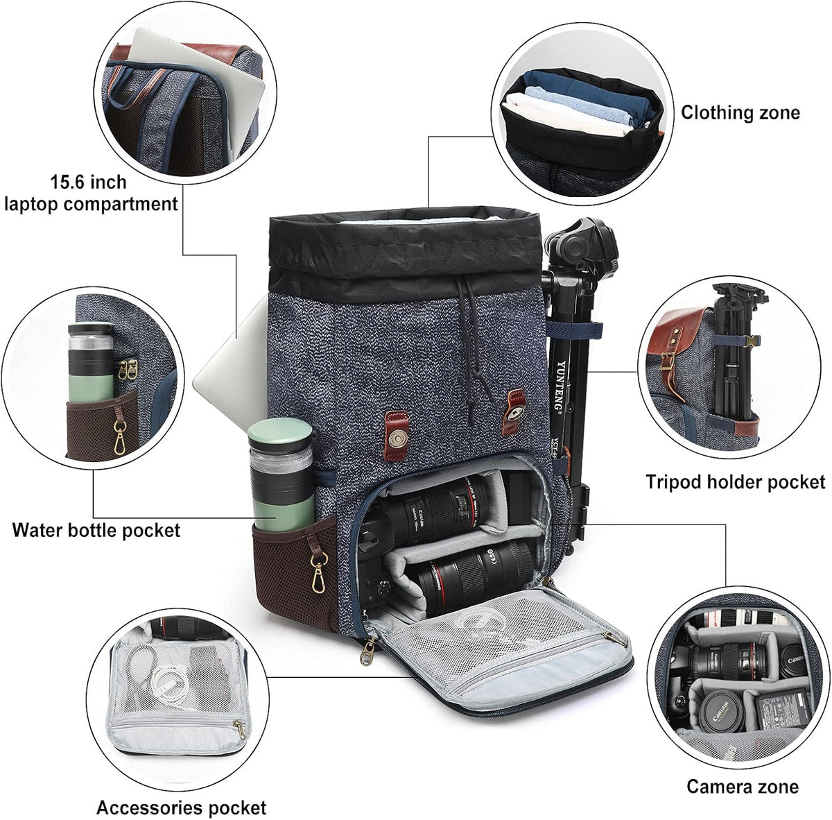 Leather Anti-Theft Waterproof Camera Backpack with 15.6 Laptop Compartment & Tripod Holder W7015