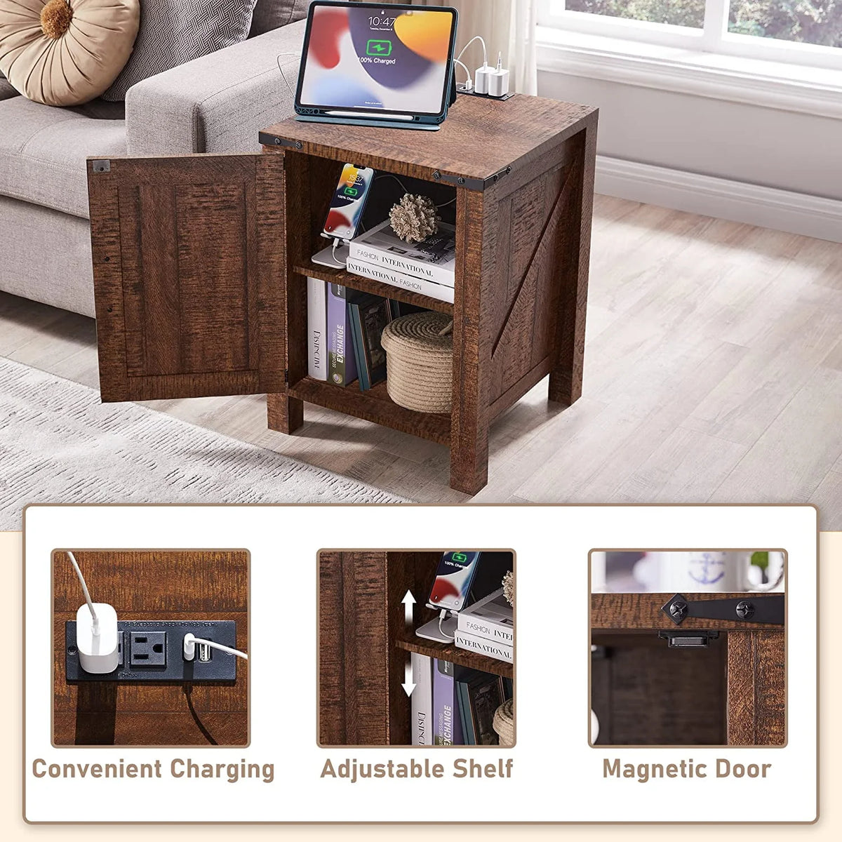 Light Rustic Oak Wood Metal End Side Table with Charging Station D353