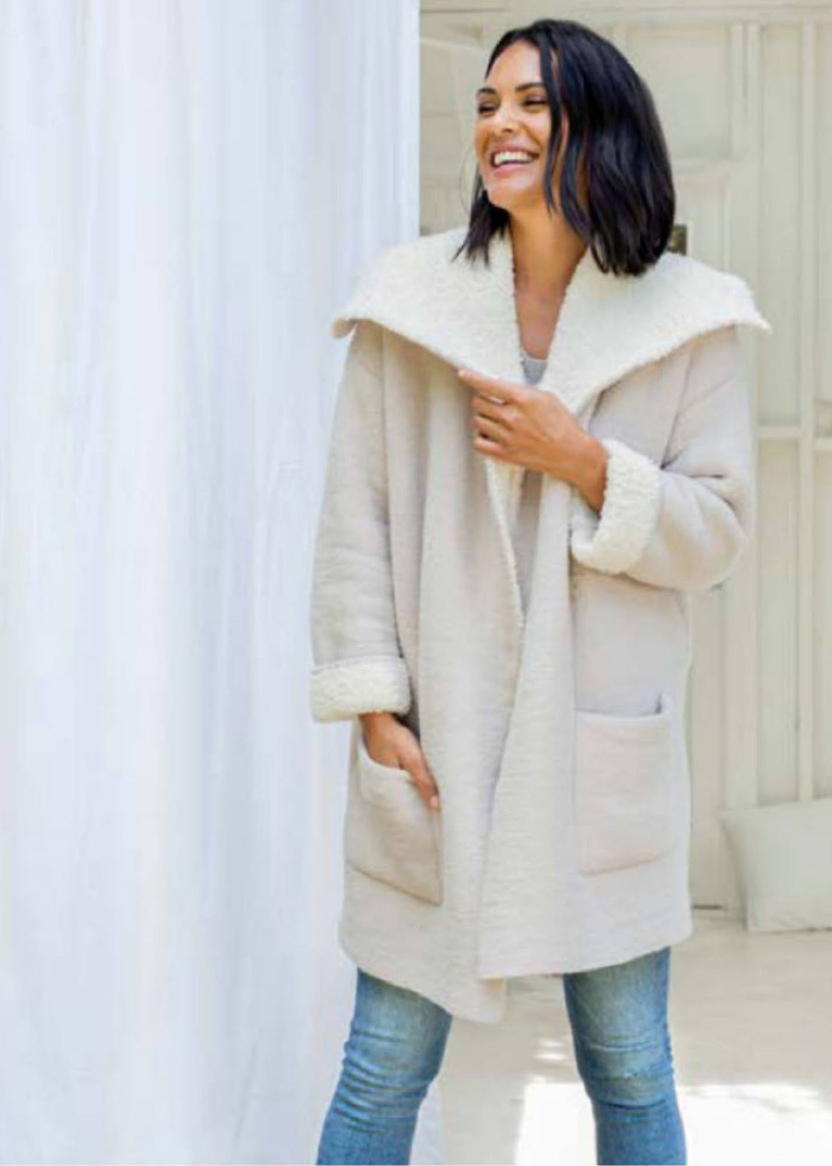 Stone Cream Shearling Drape Car Coat V348548