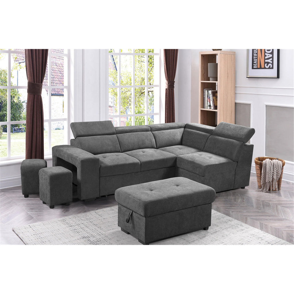 Light Gray Sleeper Sectional Sofa with Storage Ottoman and 2 Stools C7627