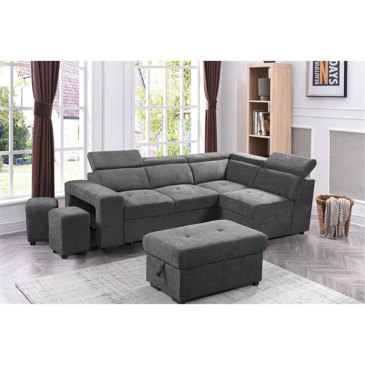Light Gray Sleeper Sectional Sofa with Storage Ottoman and 2 Stools C7627