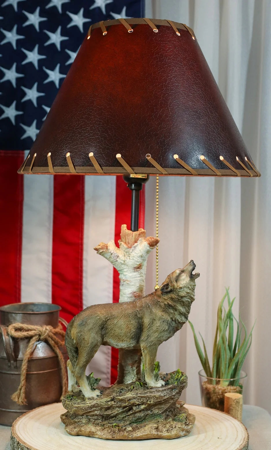 Grey Wolf Howling Birchwood Tree Table Lamp With Laced Shade Q76935