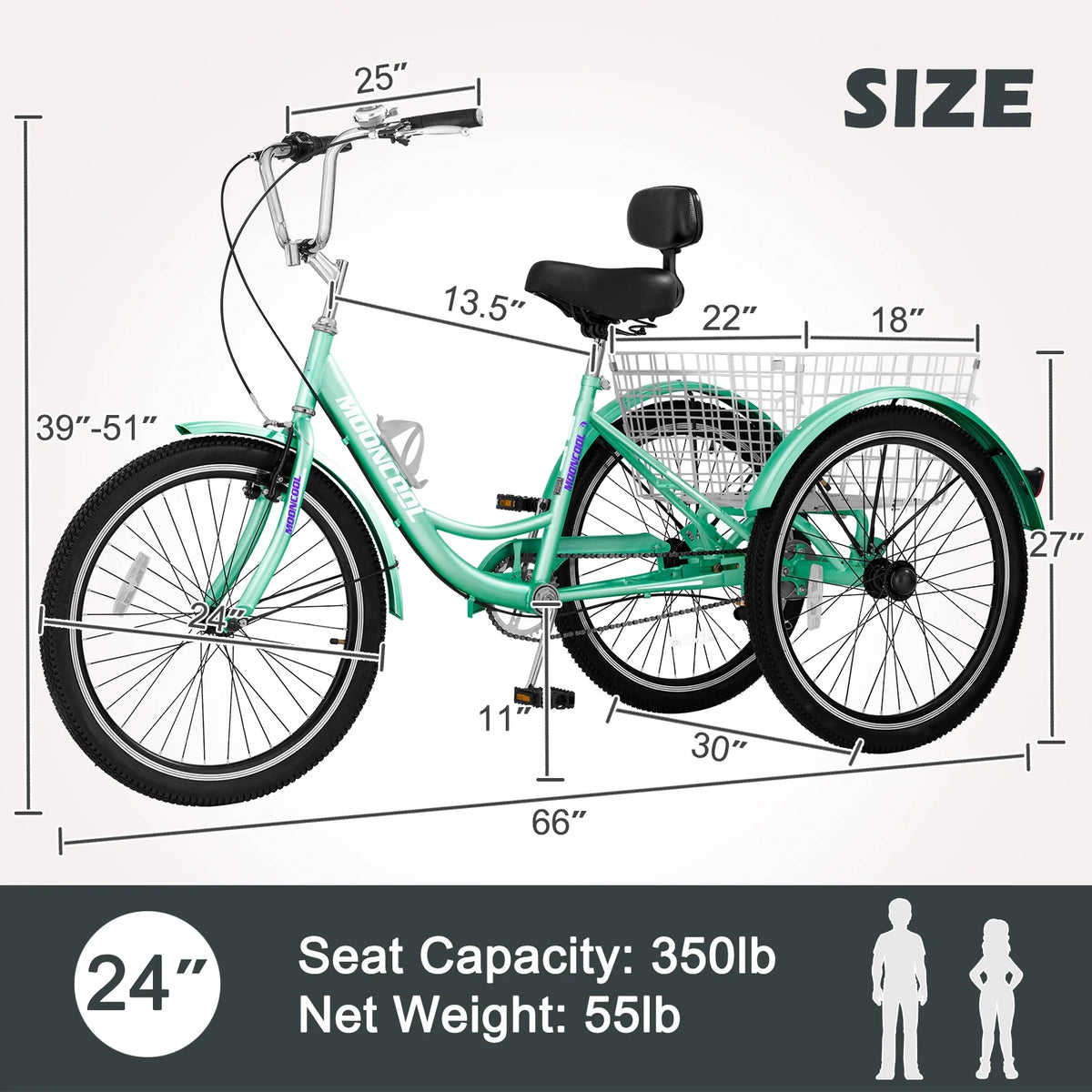 Adult Tricycles Single Speed 24 inch Three Wheel Bike Cruiser Trike with Low-Step Through Frame Large Basket Z668678