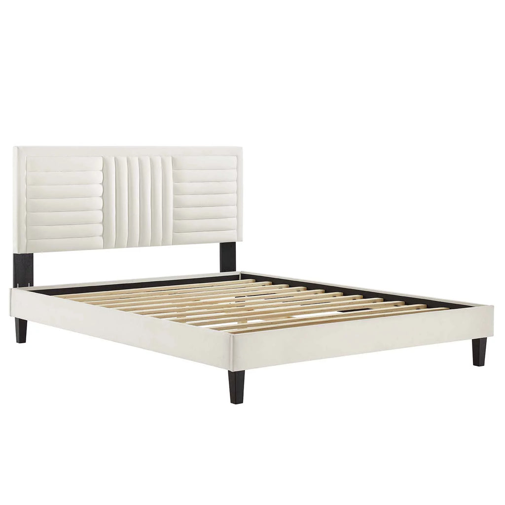 White Channel Tufted Performance Velvet Queen Platform Bed J4572
