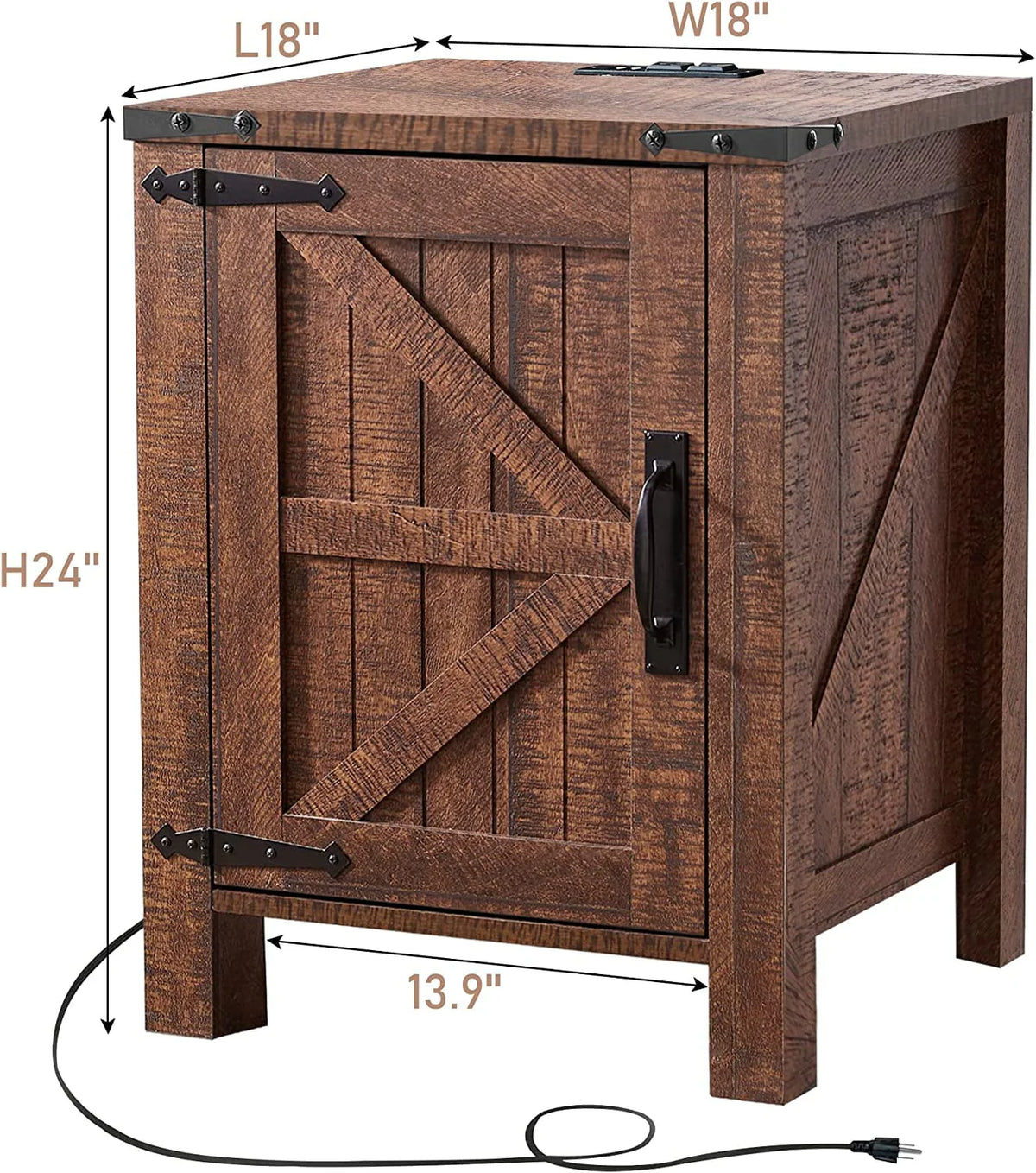 Light Rustic Oak Wood Metal End Side Table with Charging Station D353