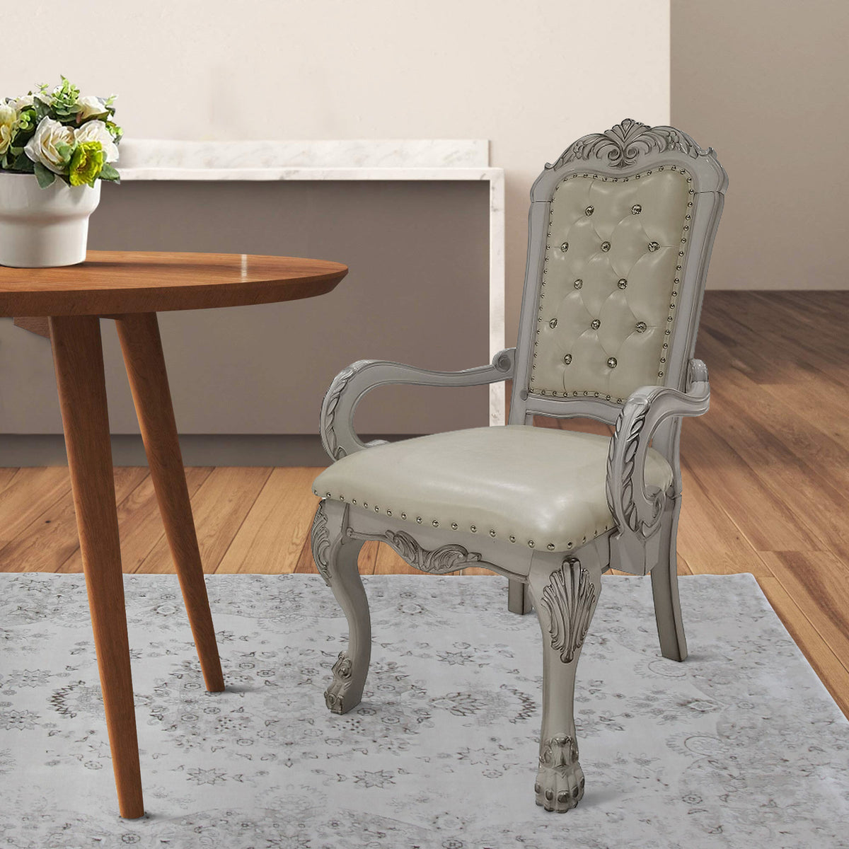 26 Inch Tufted Dining Armchair Set of 2 Faux Leather Bone White K919