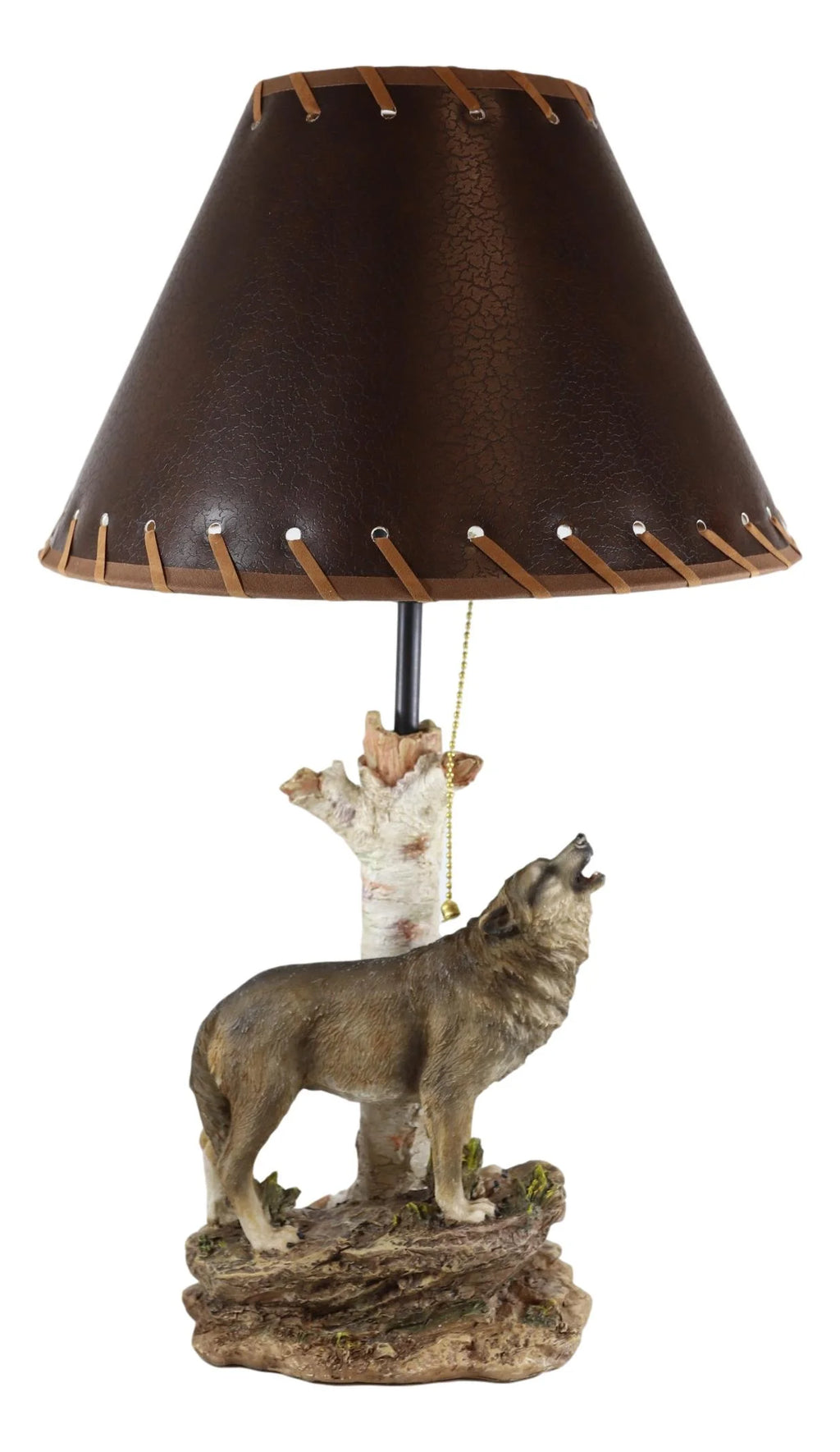 Grey Wolf Howling Birchwood Tree Table Lamp With Laced Shade Q76935