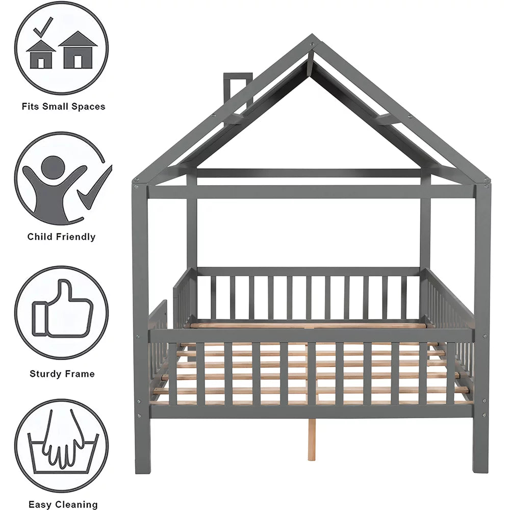 Full Size Wood Bed Frame with Roof and Fence N572671