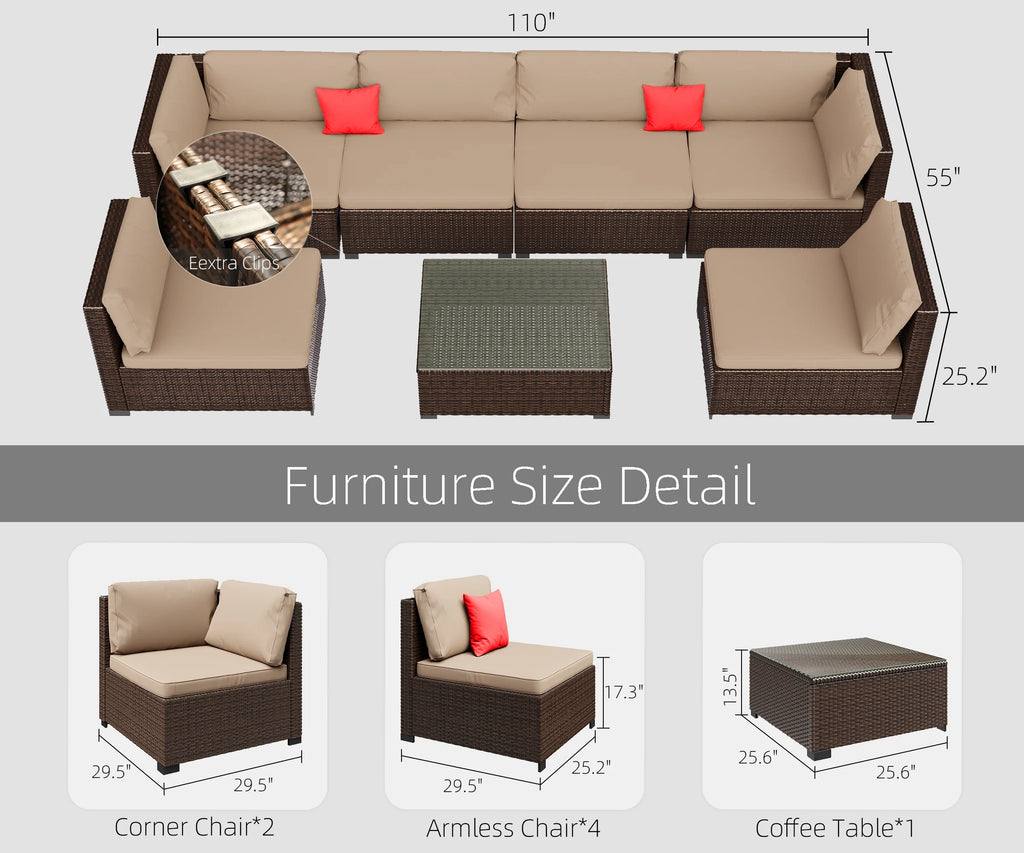 7 Piece PE Rattan Patio Sectional Sofa Set with Cushion and Coffee Table E857499