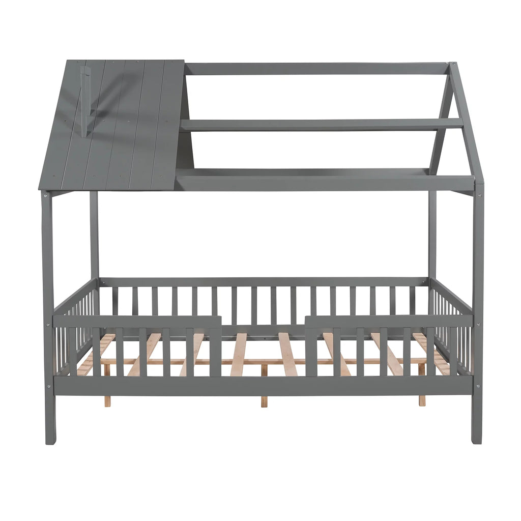 Full Size Wood Bed Frame with Roof and Fence N572671