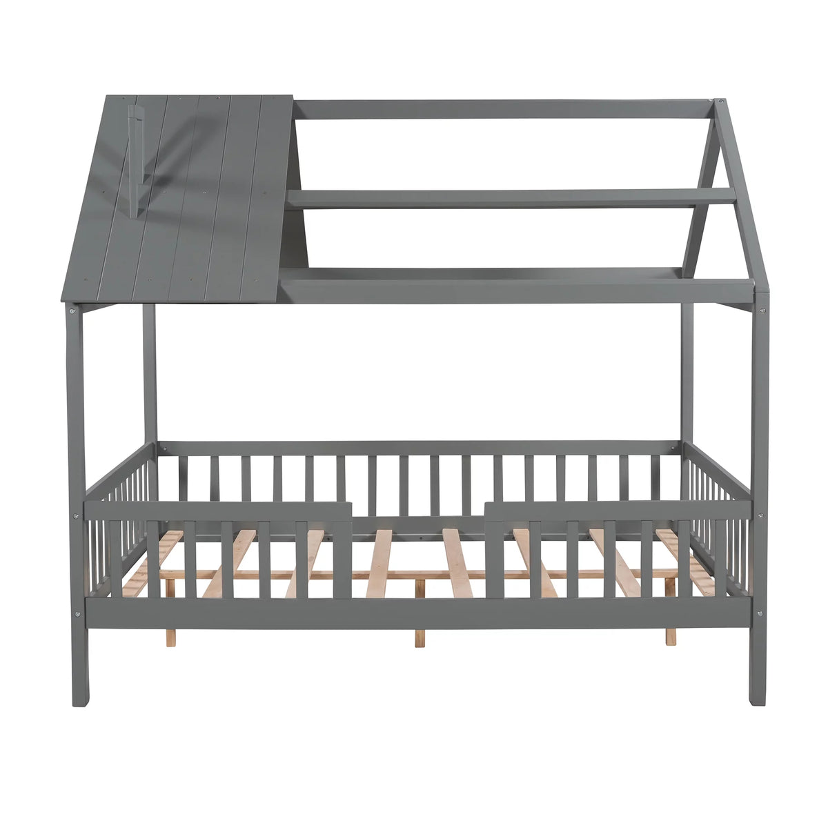 Full Size Wood Bed Frame with Roof and Fence N572671