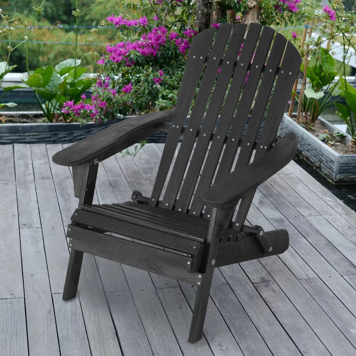 Folding Adirondack Chair Set of 2 Weather Resistant Wood Patio Chair Black P4602