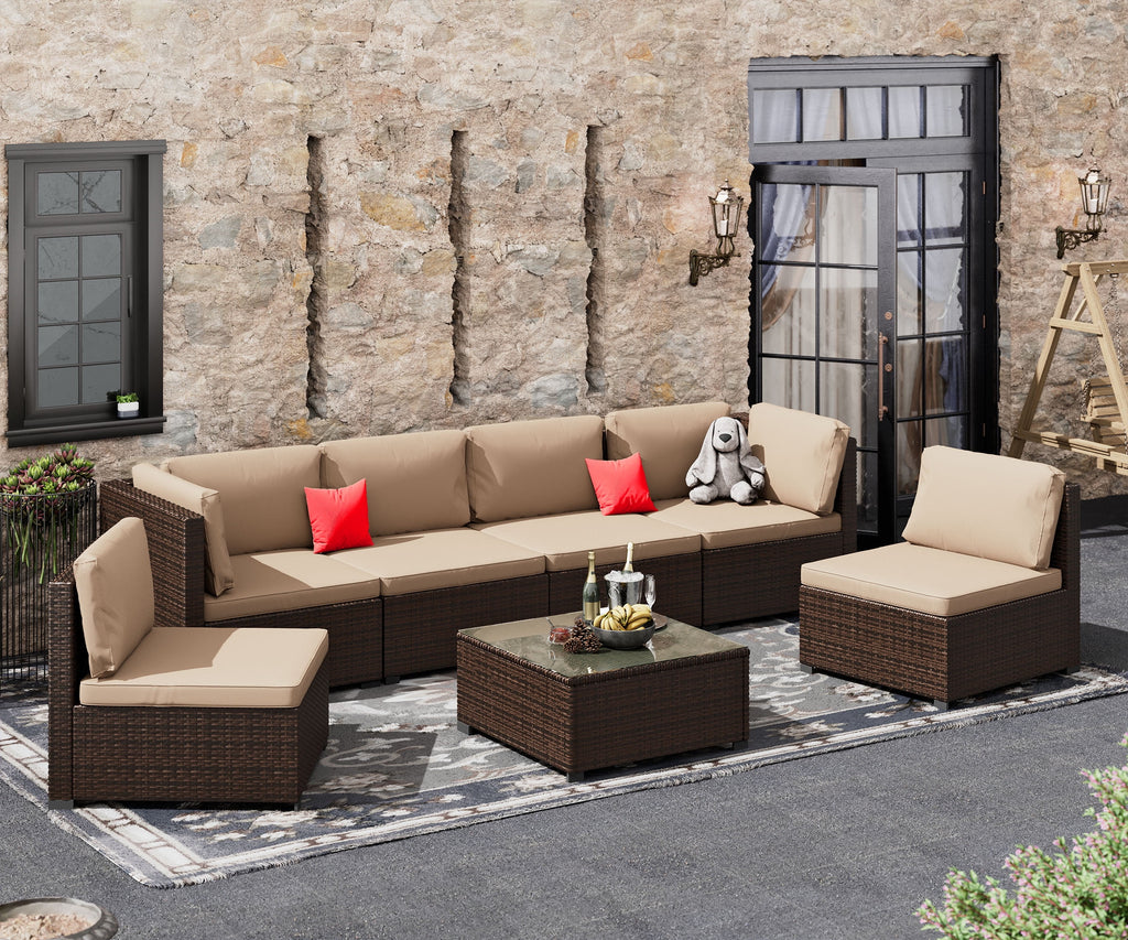 7 Piece PE Rattan Patio Sectional Sofa Set with Cushion and Coffee Table E857499