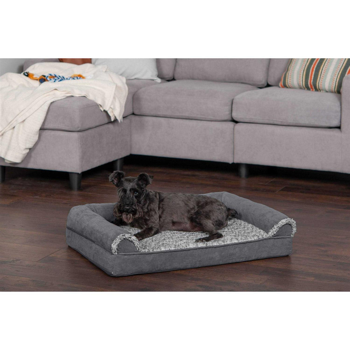 Two-Tone Faux Fur Suede Orthopedic Sofa Dog Bed U90450