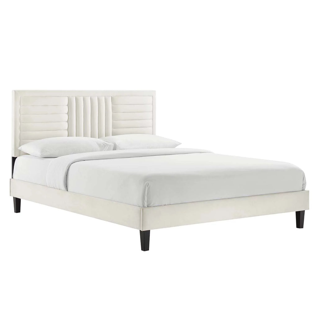 White Channel Tufted Performance Velvet Queen Platform Bed J4572