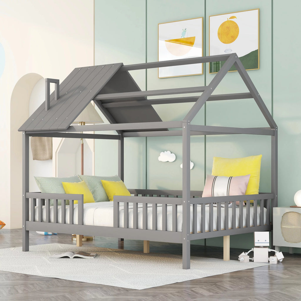 Full Size Wood Bed Frame with Roof and Fence N572671