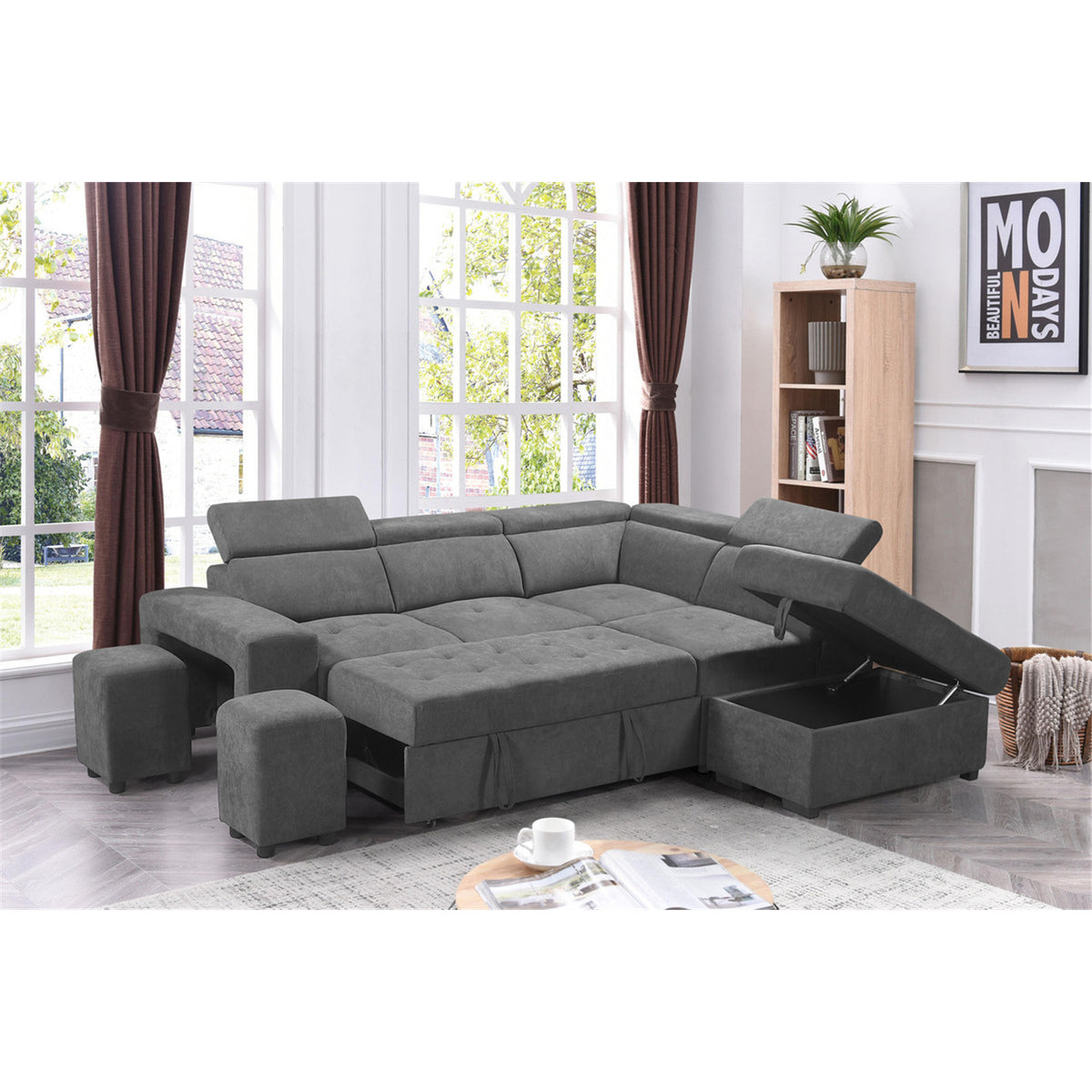 Light Gray Sleeper Sectional Sofa with Storage Ottoman and 2 Stools C7627